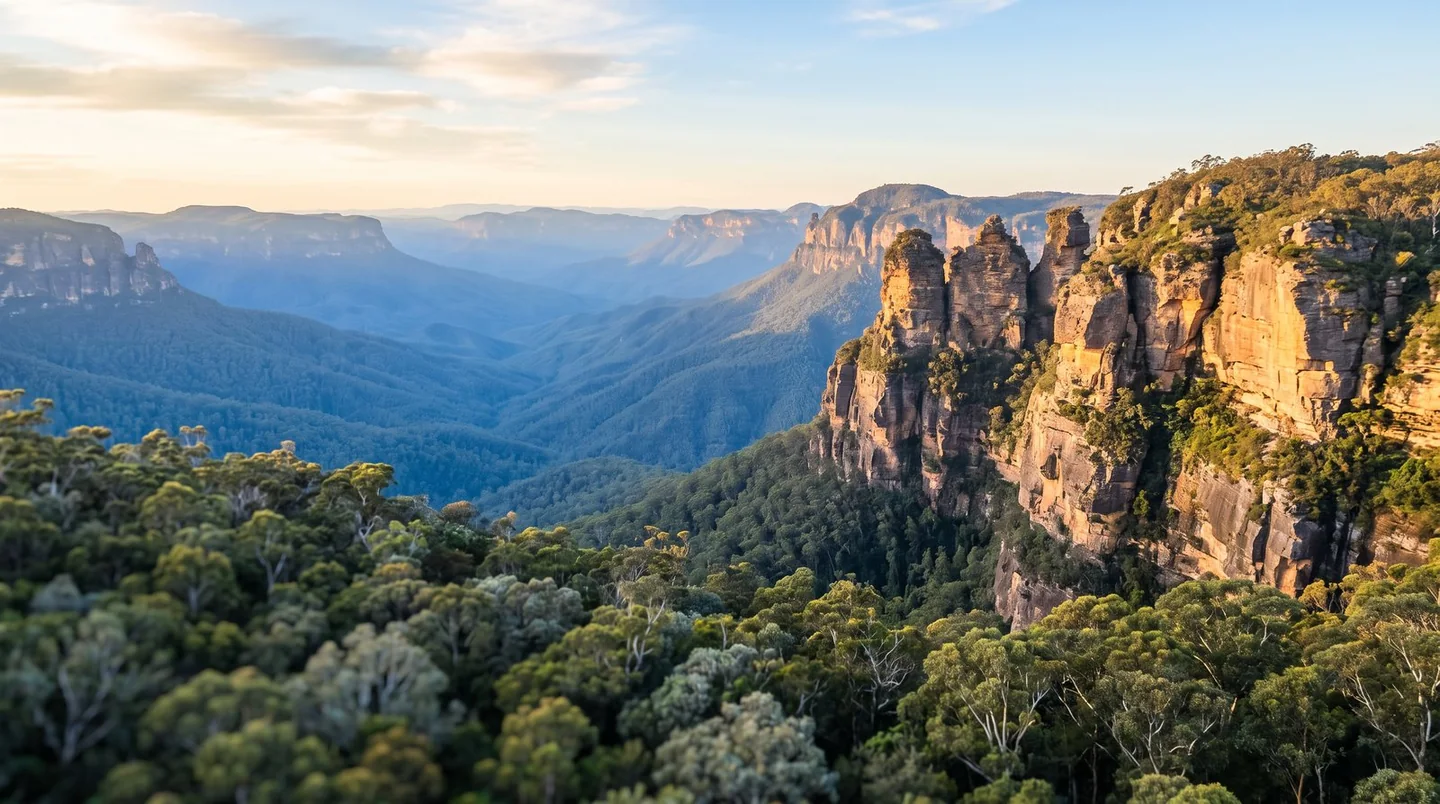Cover image for Dramatic sandstone cliffs and blue-hued valleys of the World Heritage wilderness