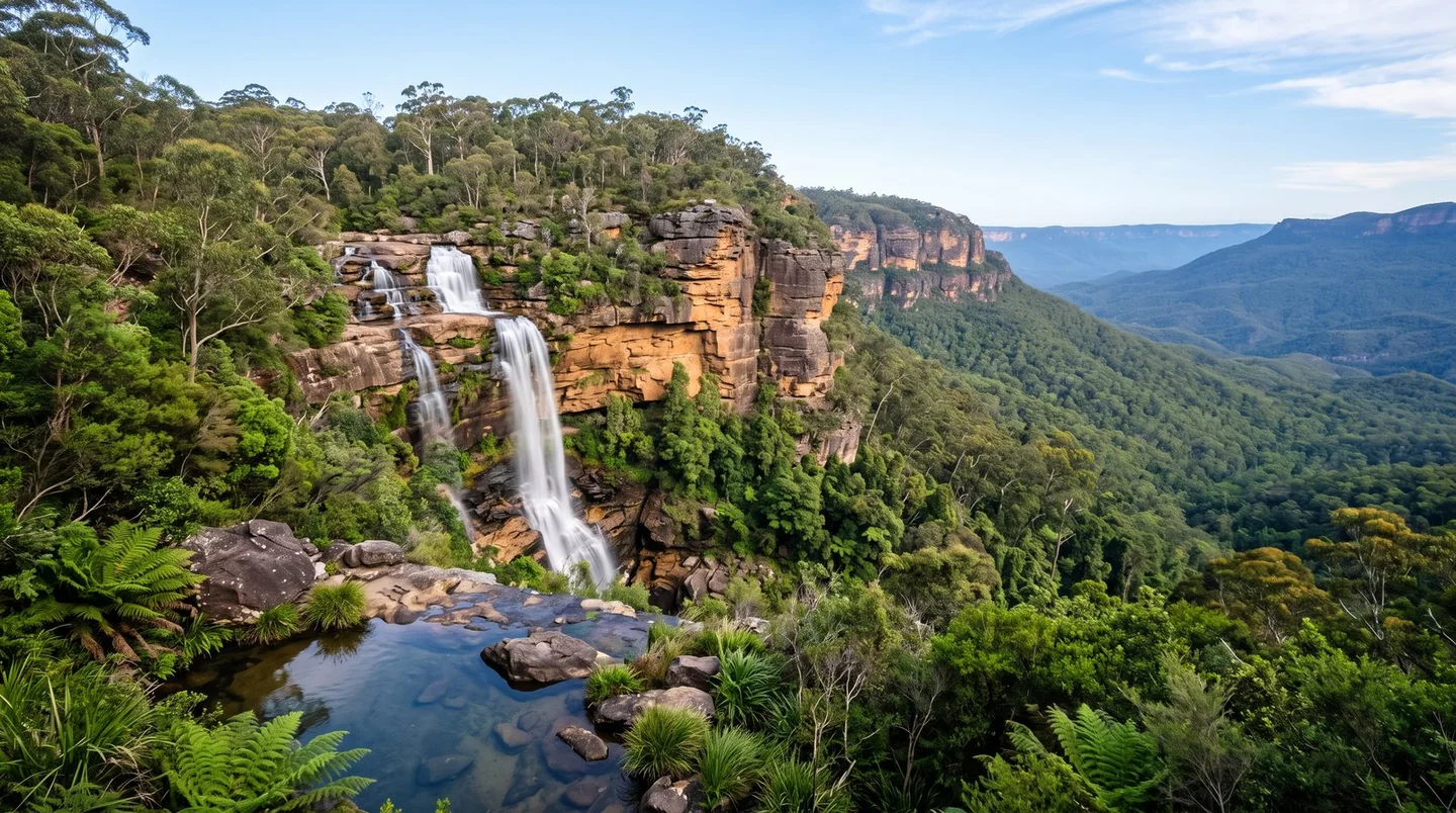 Cover image for Witness the tiered grandeur of Wentworth Falls in the Blue Mountains