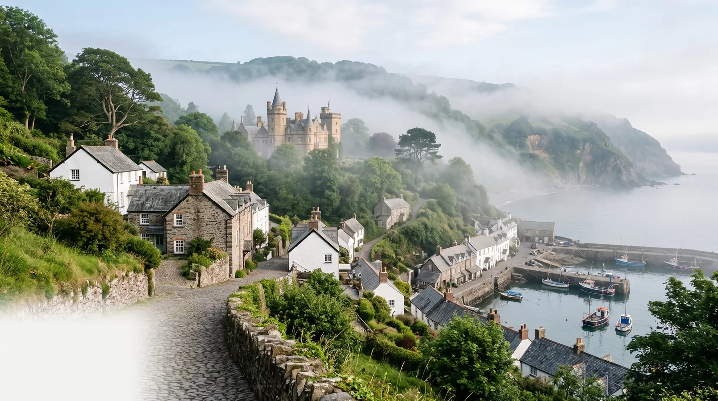 Cover image for Misty mornings and historic sandstone turrets in a verdant coastal valley