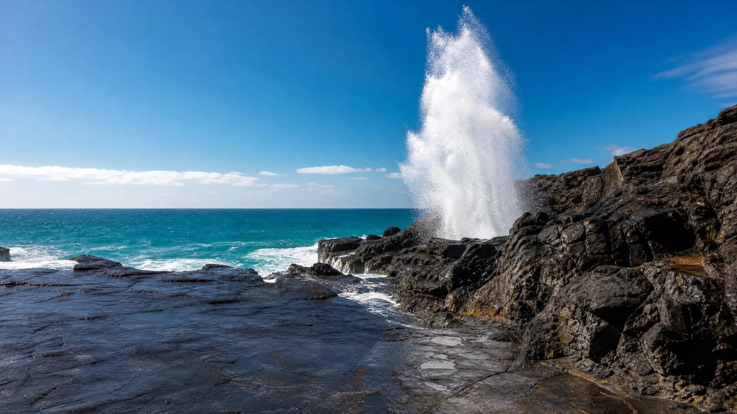 Cover image for The rhythmic dance of basalt cliffs and ocean spray at Kiama Blowhole
