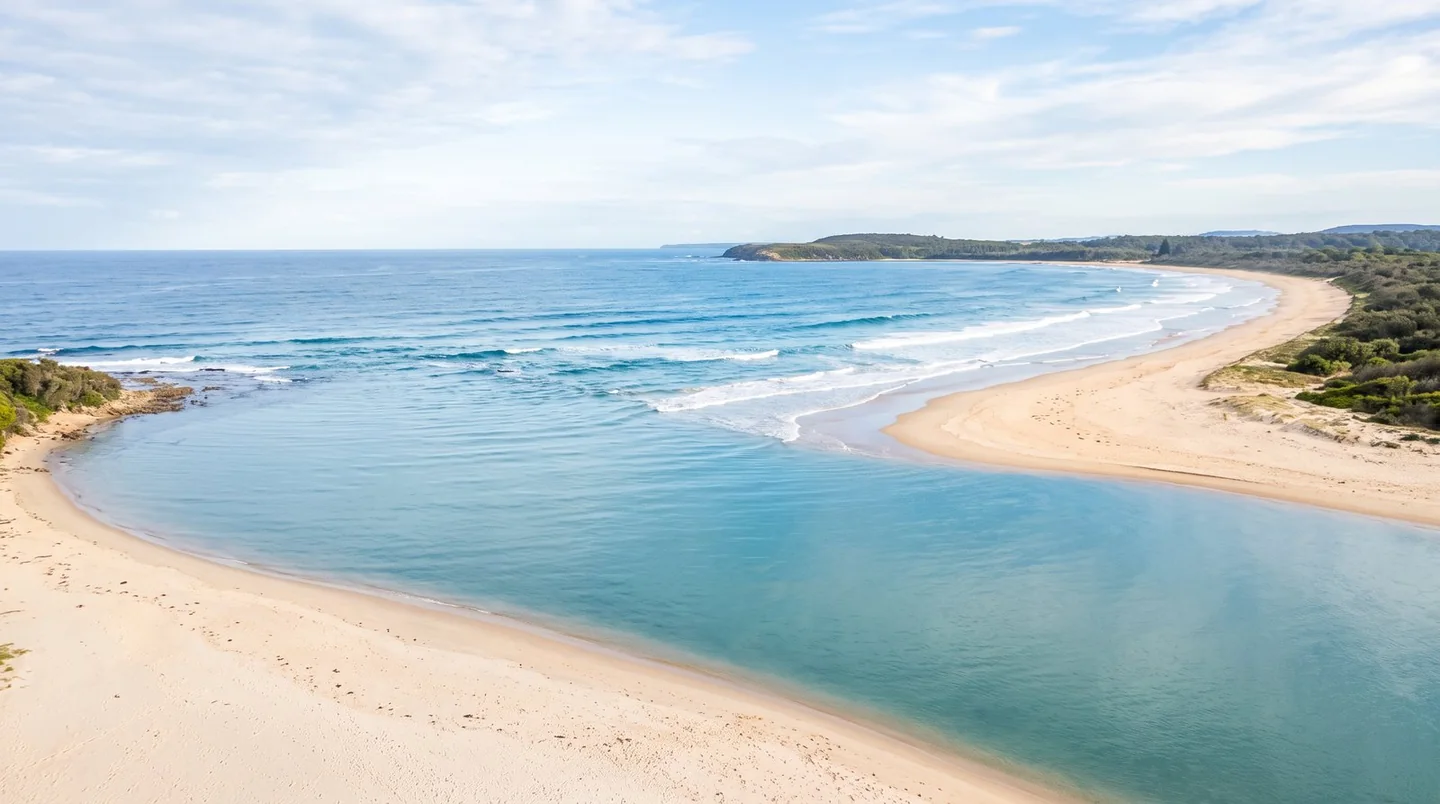 Cover image for A peaceful coastal junction where the Shoalhaven River flows into the rolling Pacific surf