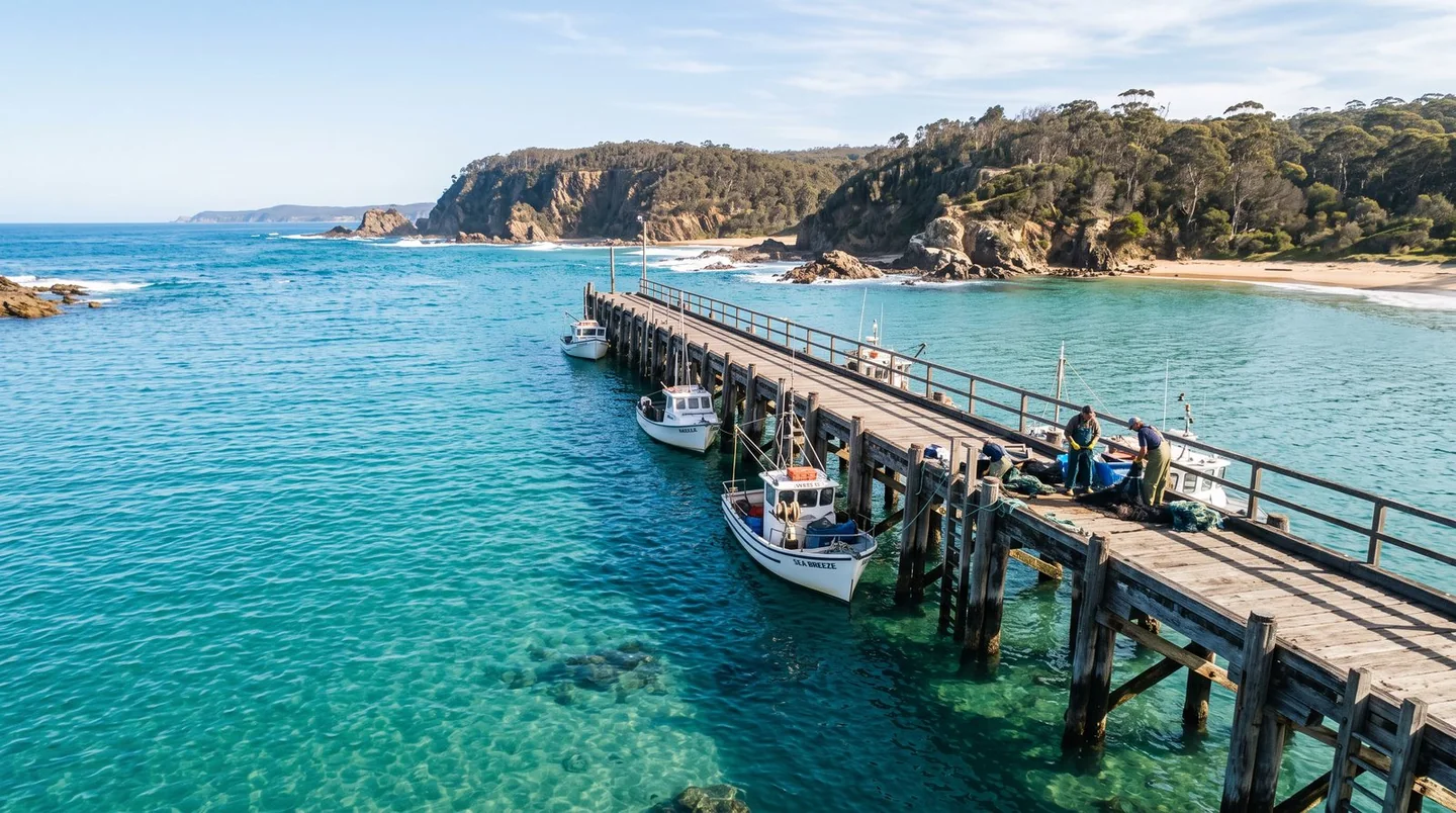Cover image for Heritage timber wharves meet the rugged turquoise coastline of the Sapphire Coast