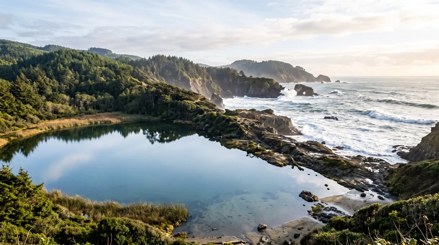 Cover image for A coastal escape where tranquil lakes and rugged ocean beaches meet