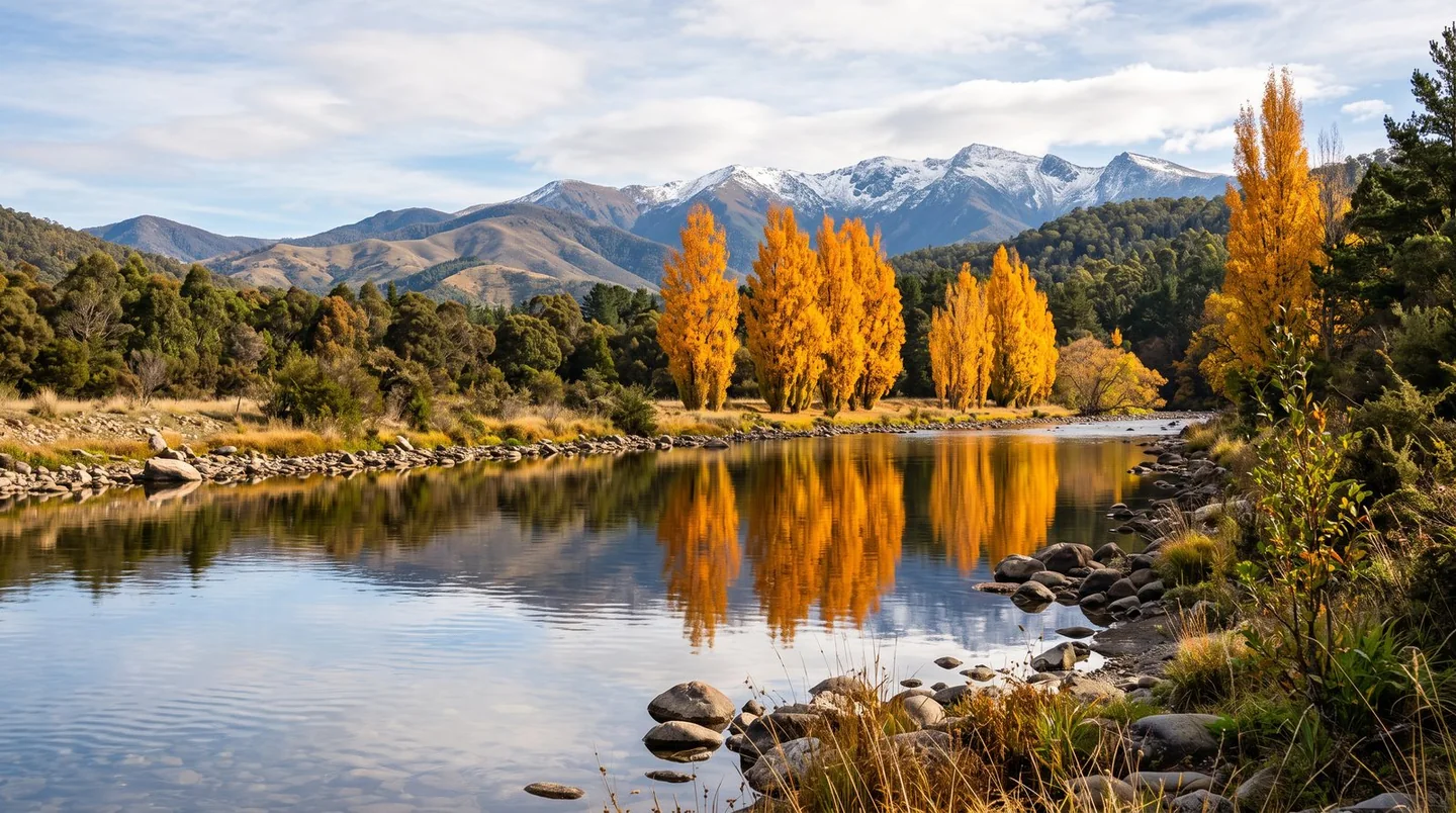 Cover image for Golden poplars and crystal waters in the western Snowy Mountains foothills