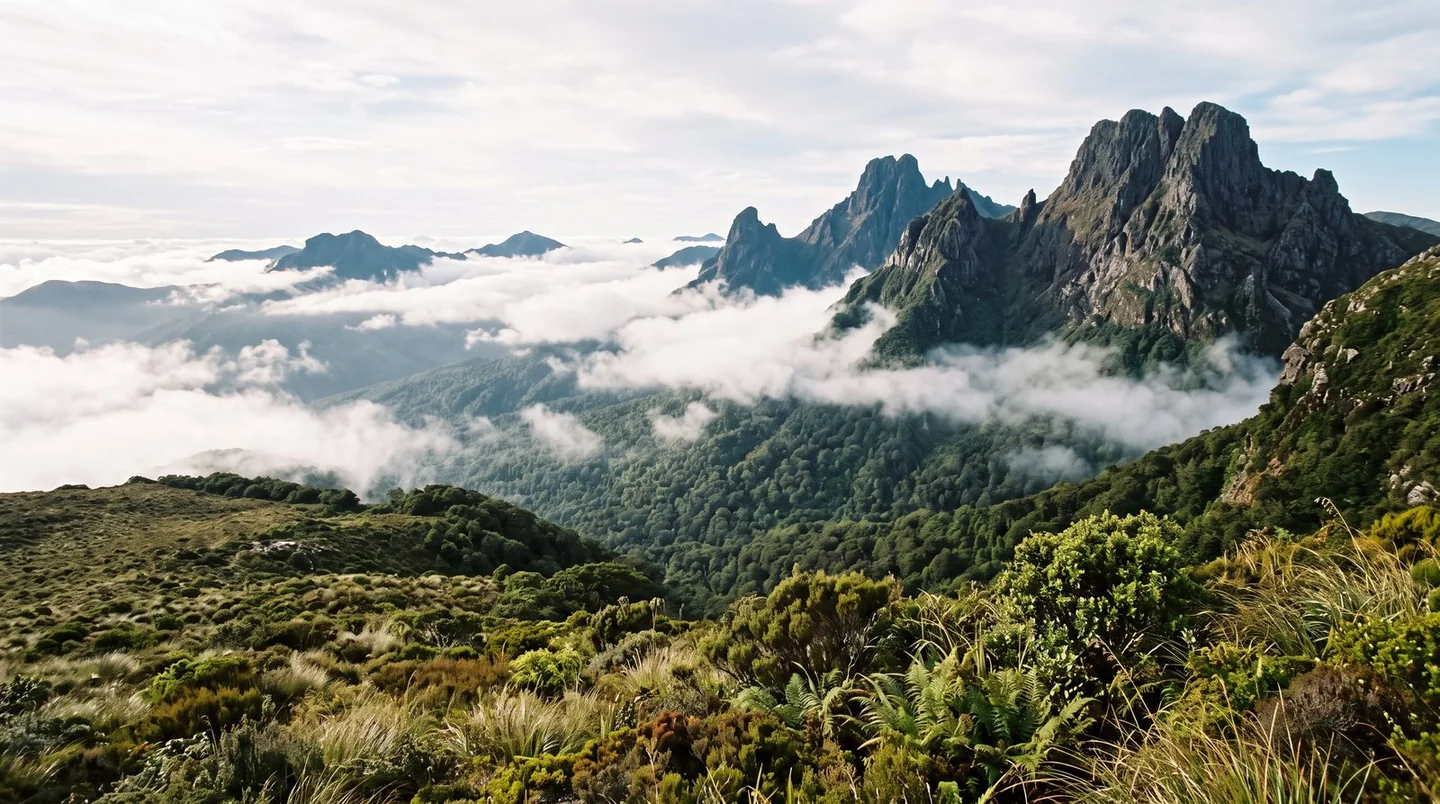 Cover image for Ancient volcanic peaks and mist-shrouded rainforests within a sub-alpine wilderness plateau