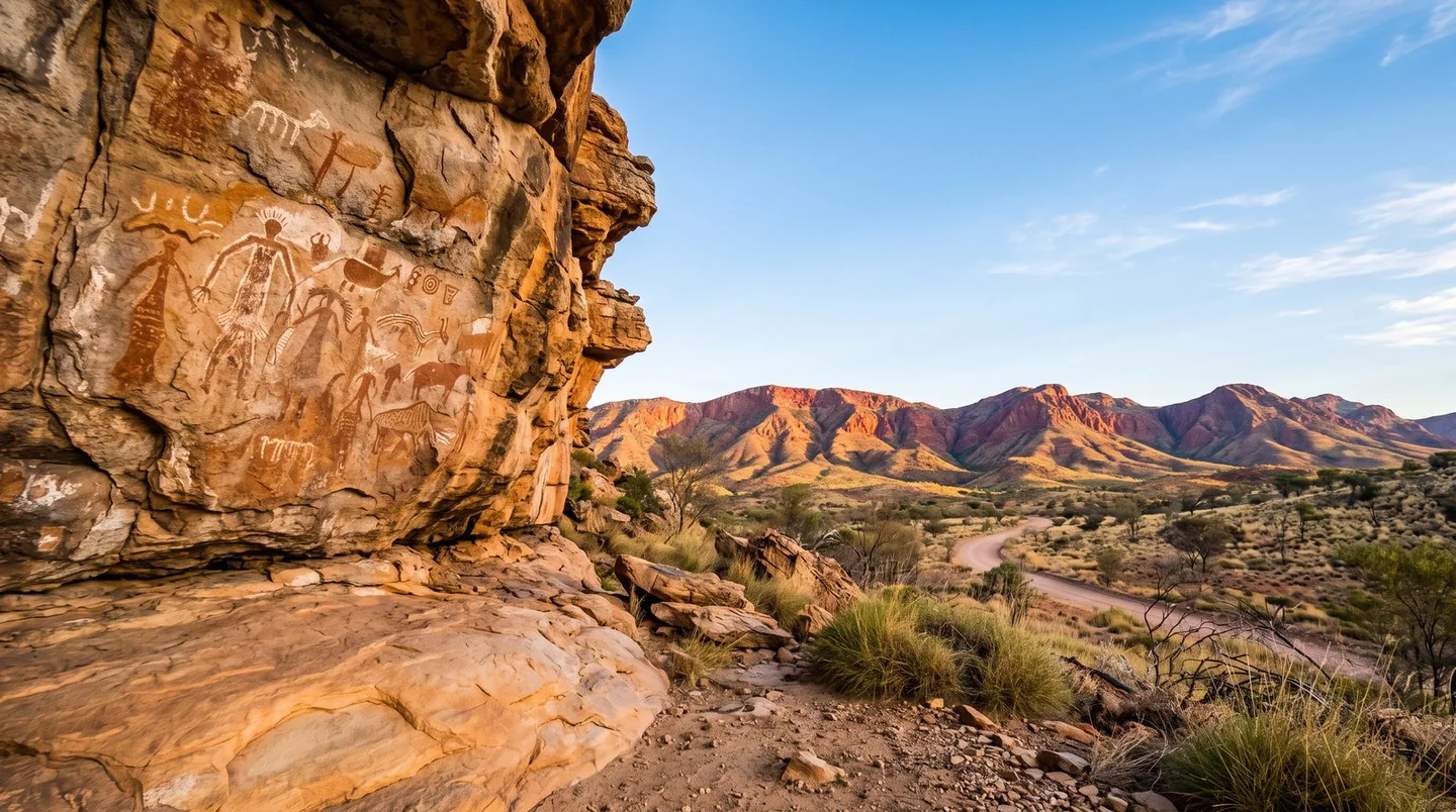 Cover image for Ancient Aboriginal rock art meets vibrant desert ranges in this sacred outback landscape
