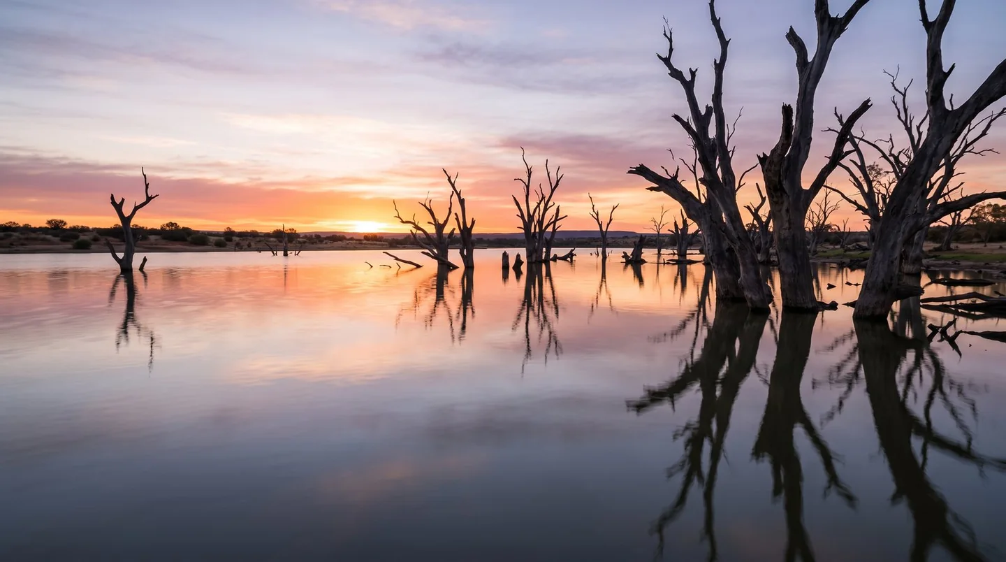 Cover image for Ghostly river red gums and desert sunsets at the historic Menindee Lakes