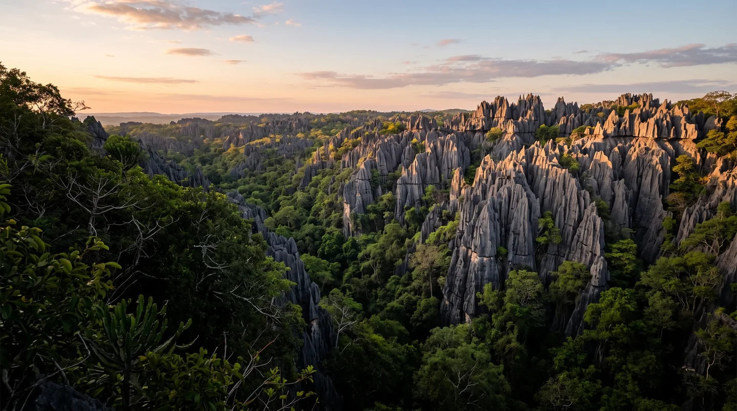Cover image for Navigating the razor-sharp stone forests and ancient river canyons of Tsingy de Bemaraha.