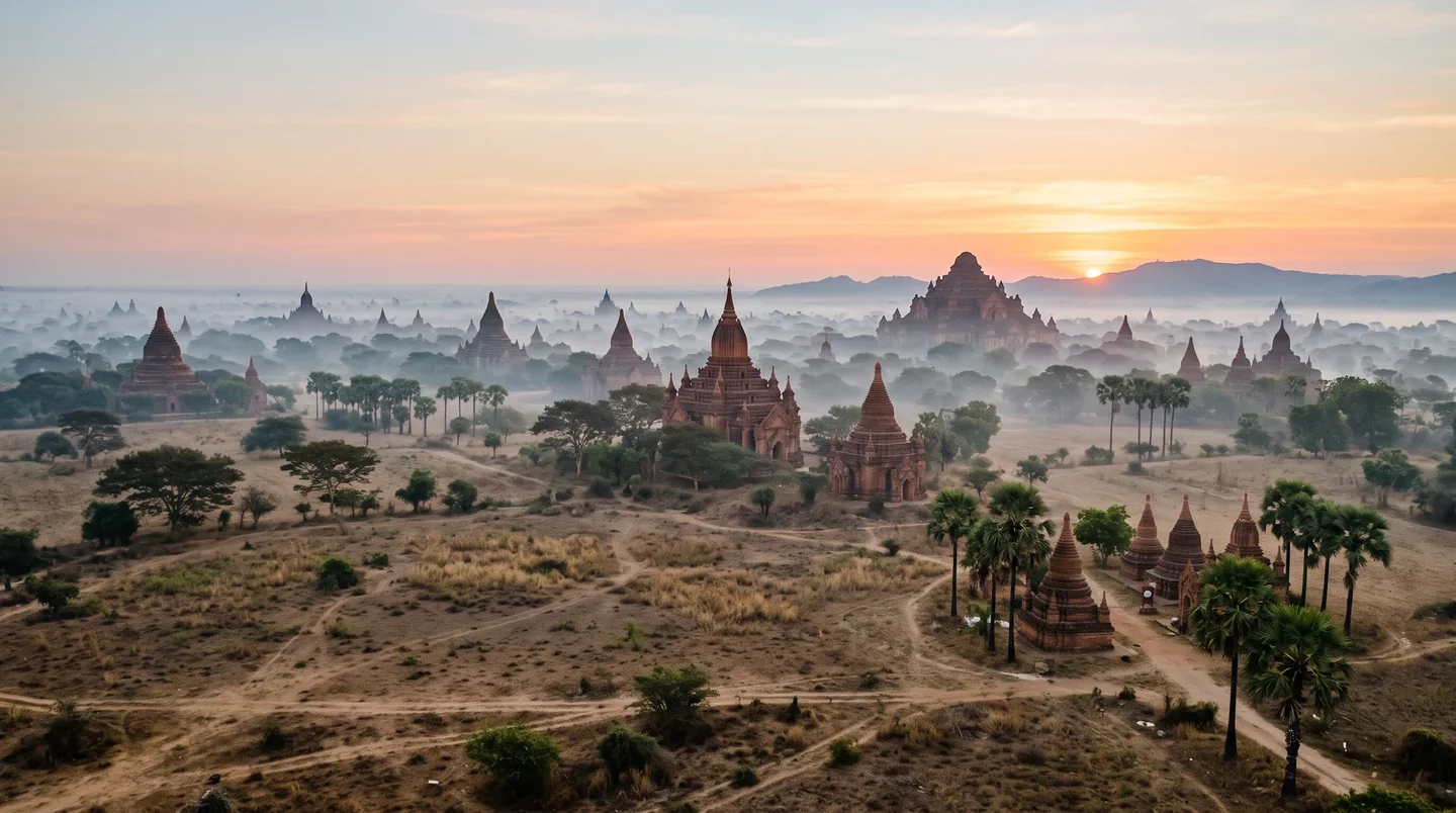 Cover image for The sun rises over three thousand spires in the spiritual heart of the Irrawaddy plains