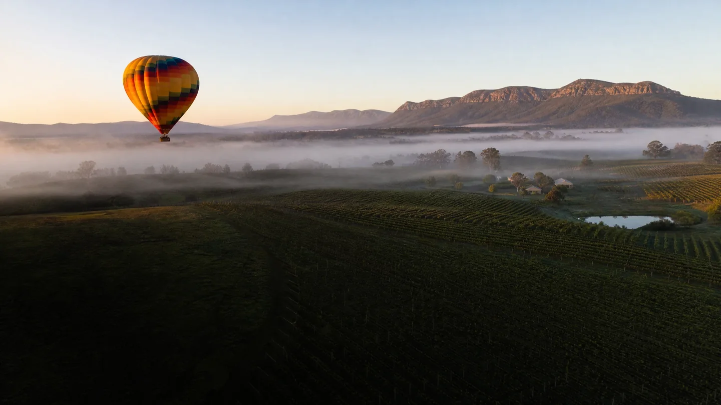 Cover image for The Silent Ascent Over Pokolbin Where the Morning Mist Lingers Like a Half-Forgotten Dream of Gold
