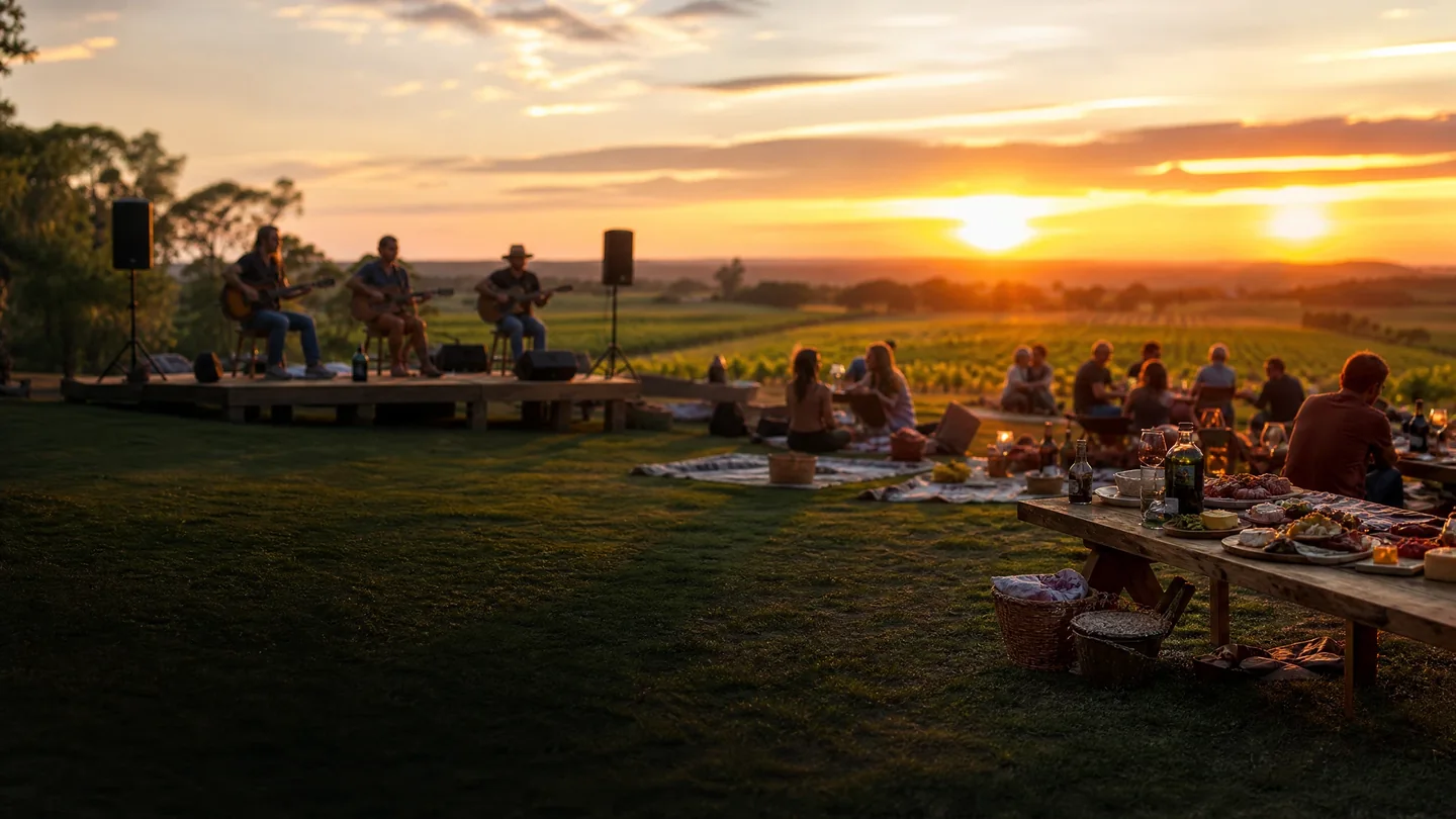 Cover image for The Soft Echo of Strings and Smoke as the Hunter Valley Fades to Gold at Twilight