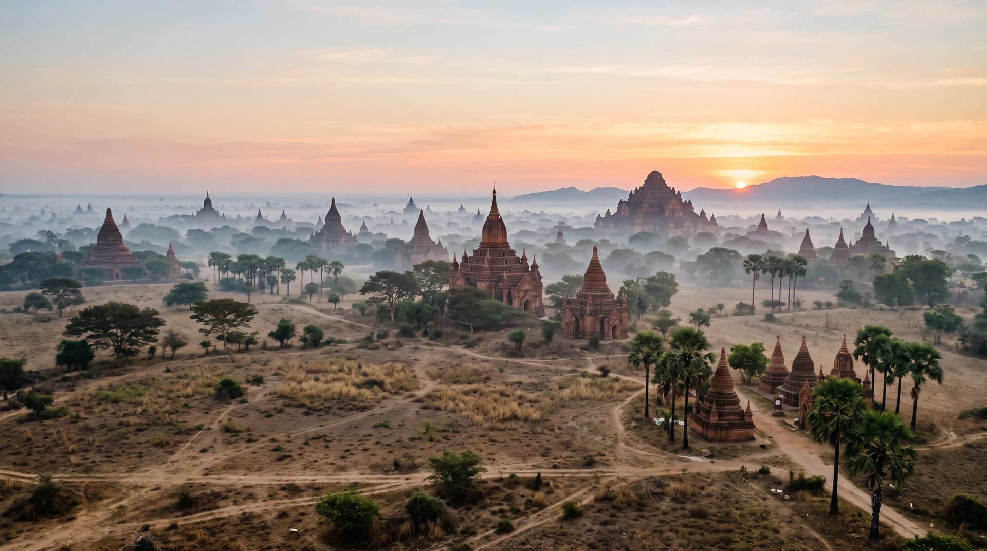 Cover image for The sun rises over three thousand spires in the spiritual heart of the Irrawaddy plains