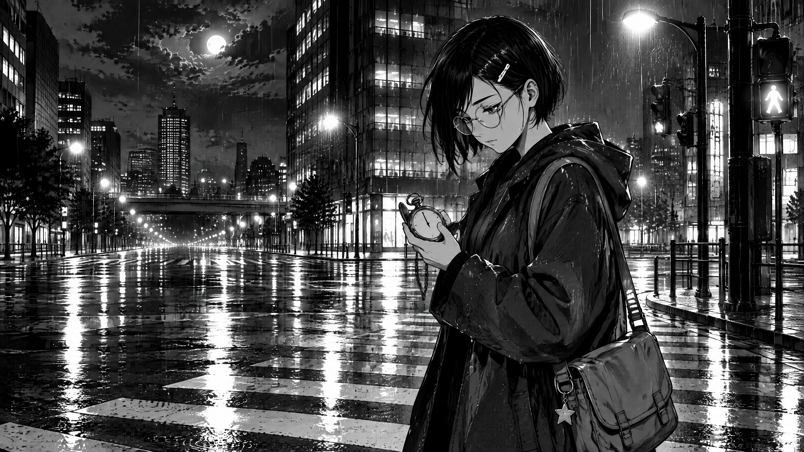 Mara, a young woman with short asymmetric black hair, glasses and a raincoat, standing at a rain-dark city crossing holding an antique pocket watch.