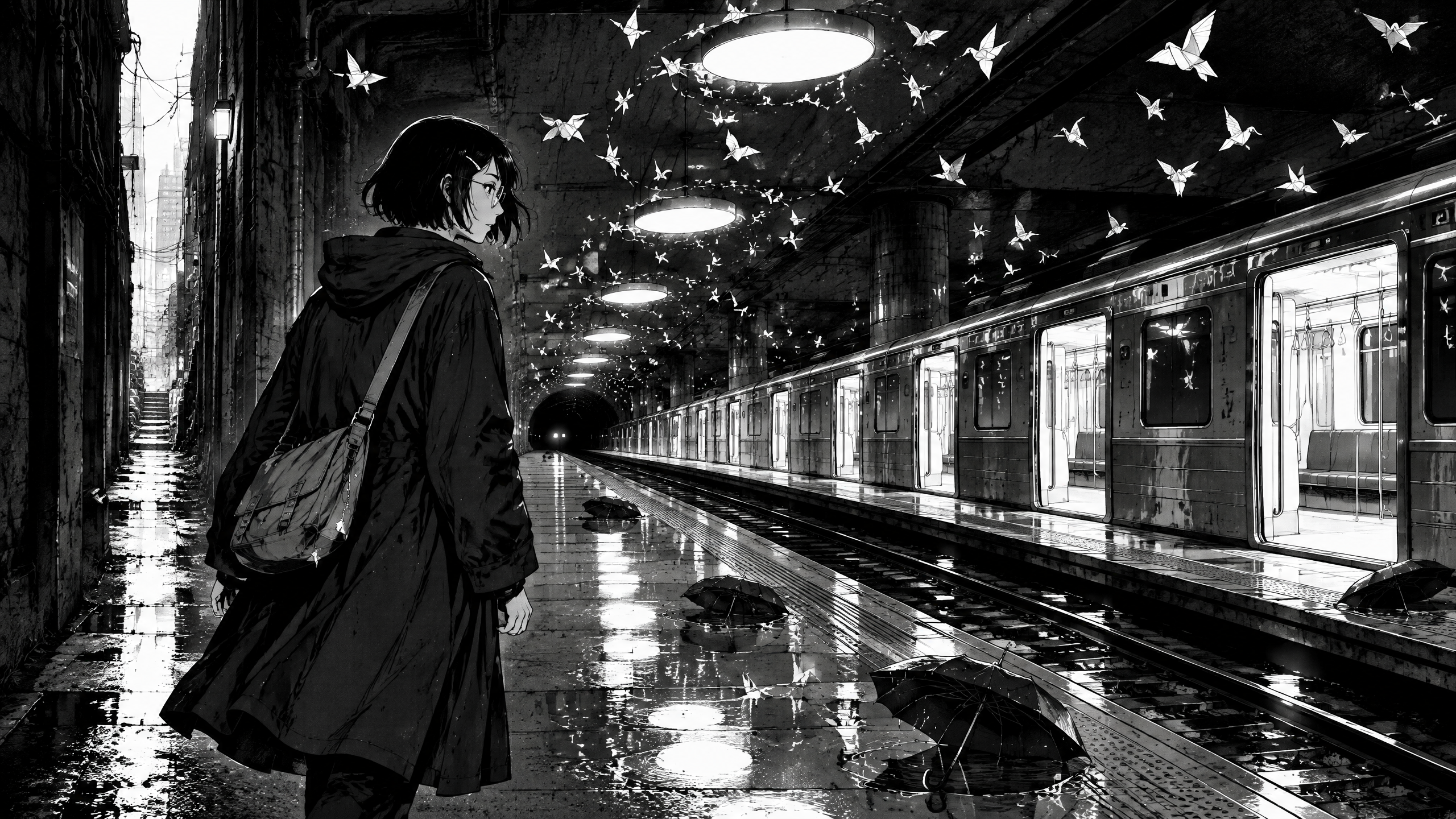 Mara approaching a silent silver train at a hidden underground platform filled with paper birds and abandoned umbrellas.