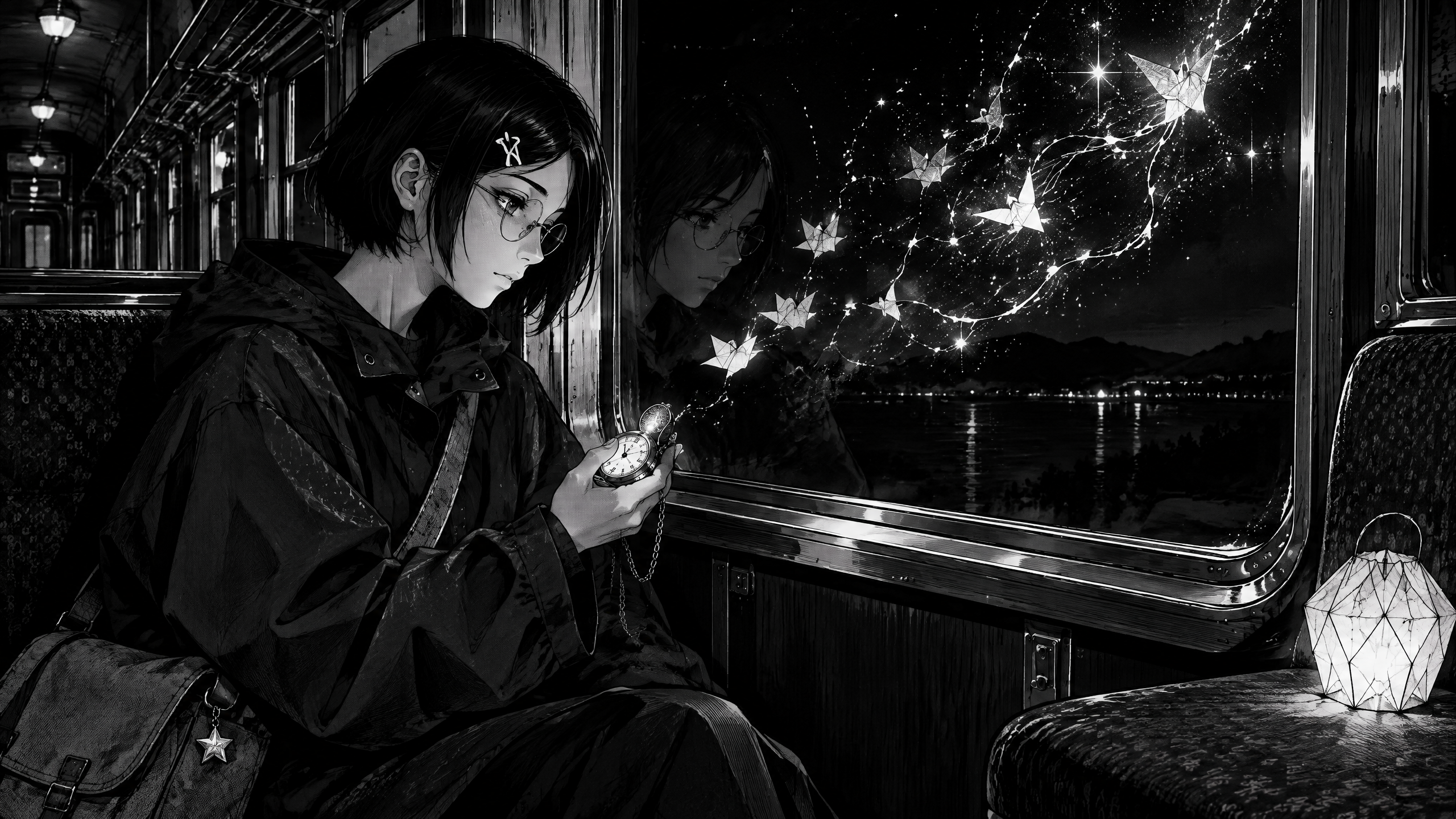 Mara sitting in a near-empty night train with a pocket watch while paper birds form a constellation in the window reflection.