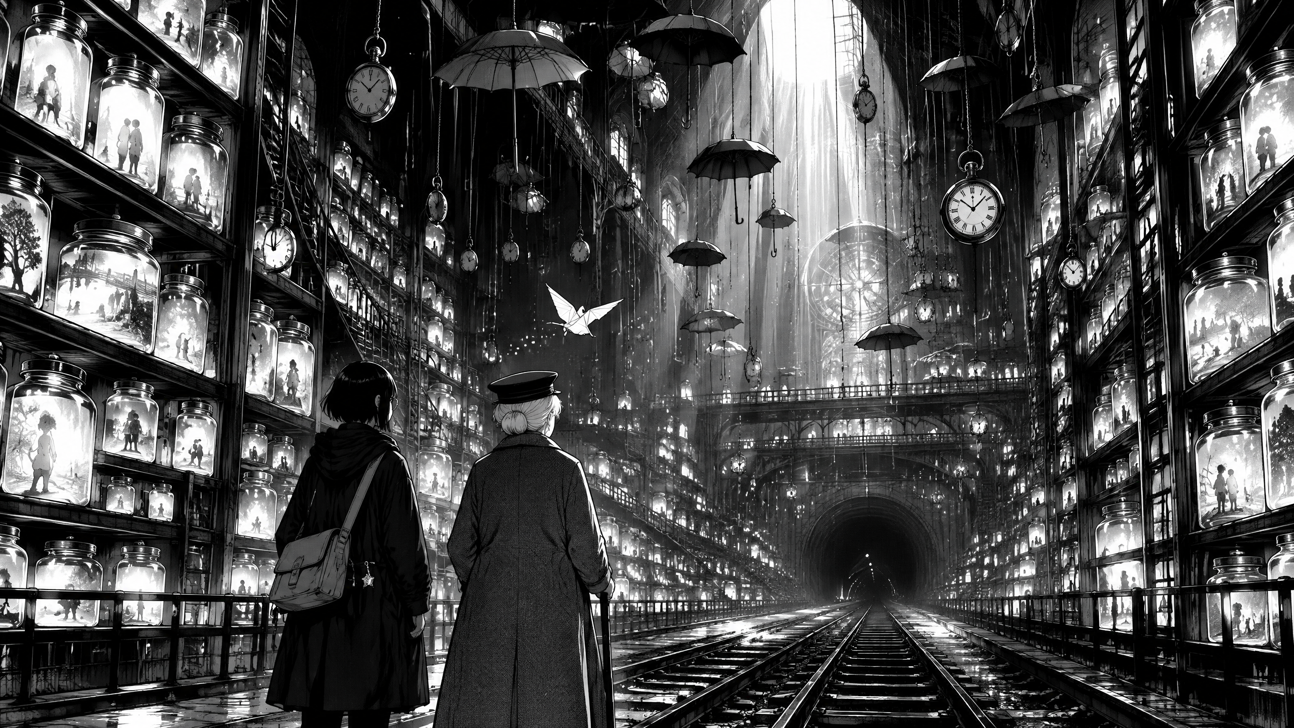 Mara standing with an elderly conductor in a towering archive of glowing memory jars, suspended umbrellas and pocket watches.
