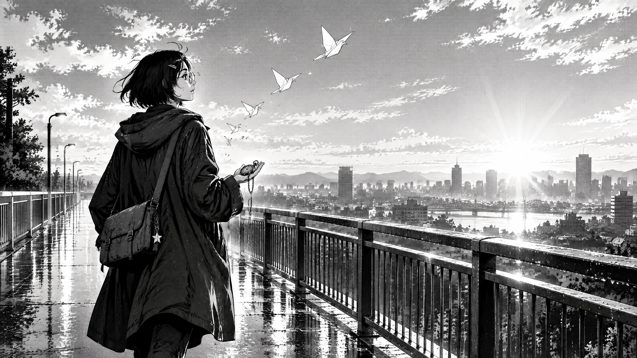 Mara walking across a quiet dawn bridge after rain with a pocket watch in her palm as paper birds rise over the waking city.