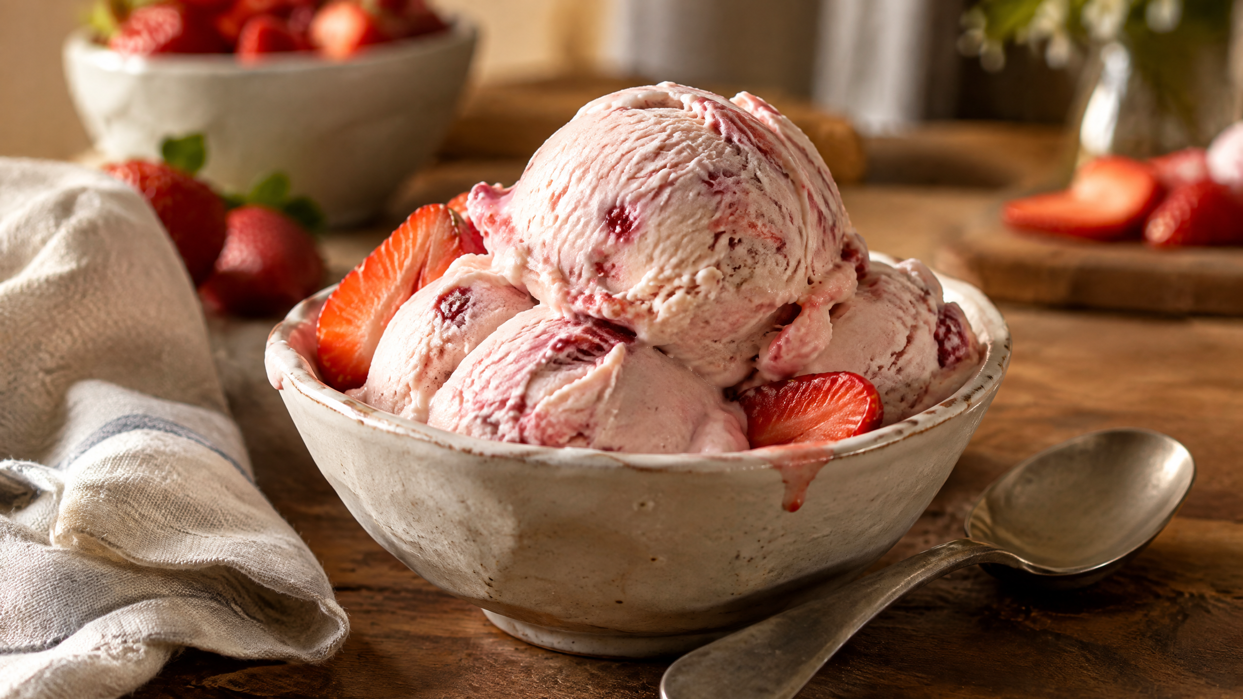 A close finished serving of pale pink strawberry ice cream in a handmade white bowl with sliced strawberries, a linen napkin, and a spoon on a warm wooden table.