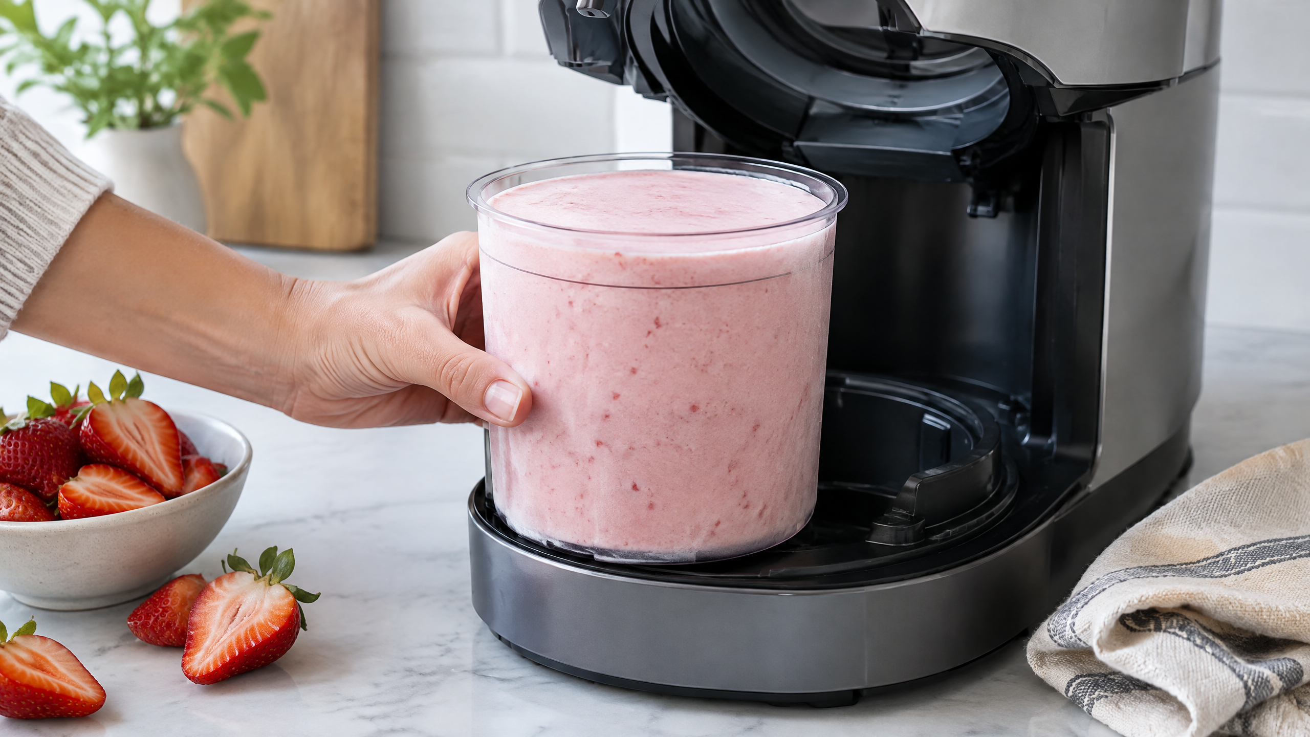 A hand placing a solid pale pink strawberry ice cream base in a clear unbranded pint into an open unbranded countertop frozen-dessert maker beside fresh strawberries.