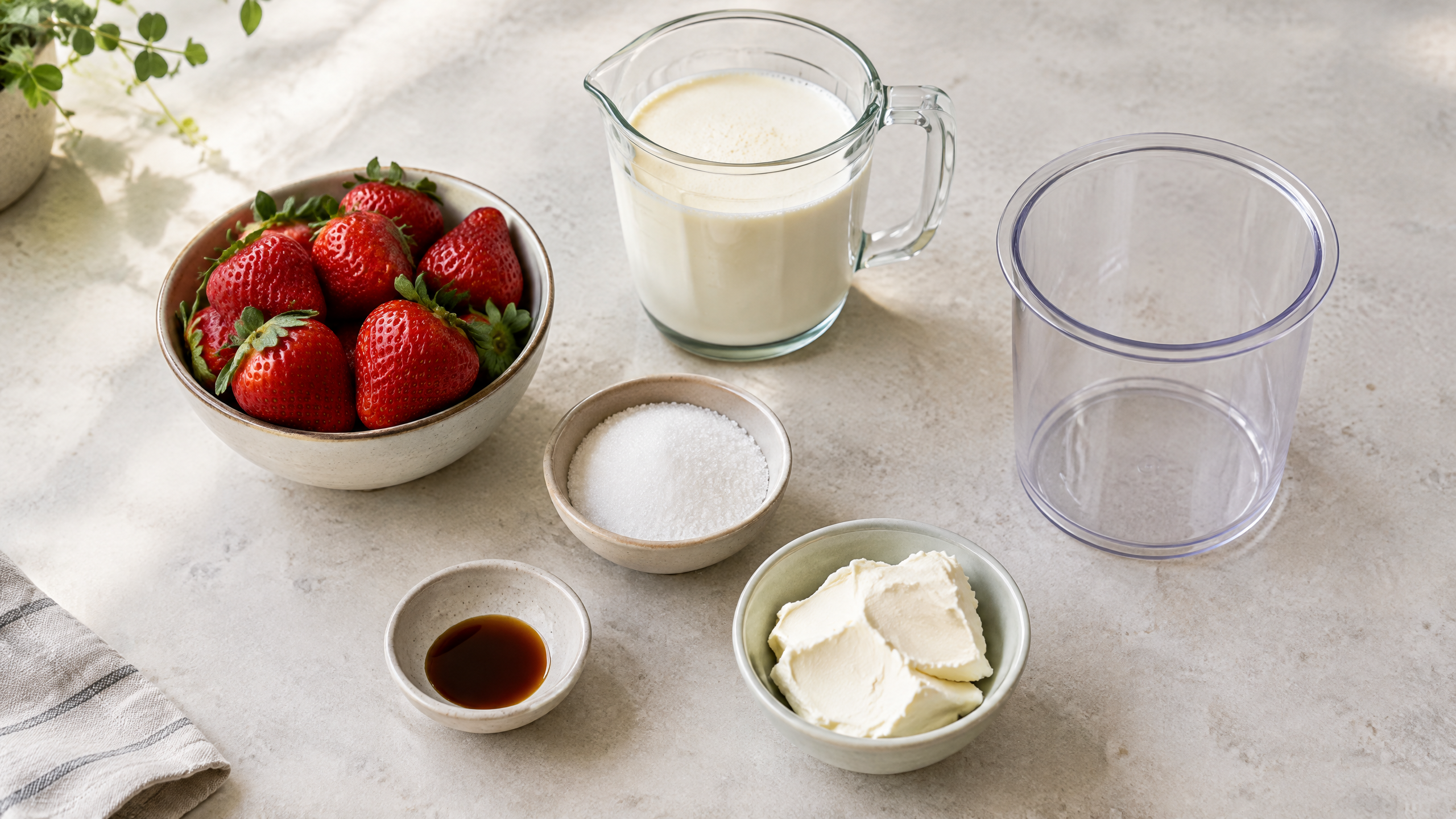 Ripe strawberries, milk and cream in a glass jug, sugar, vanilla, cream cheese, and an empty unbranded frozen-dessert pint arranged on a pale stone kitchen counter.