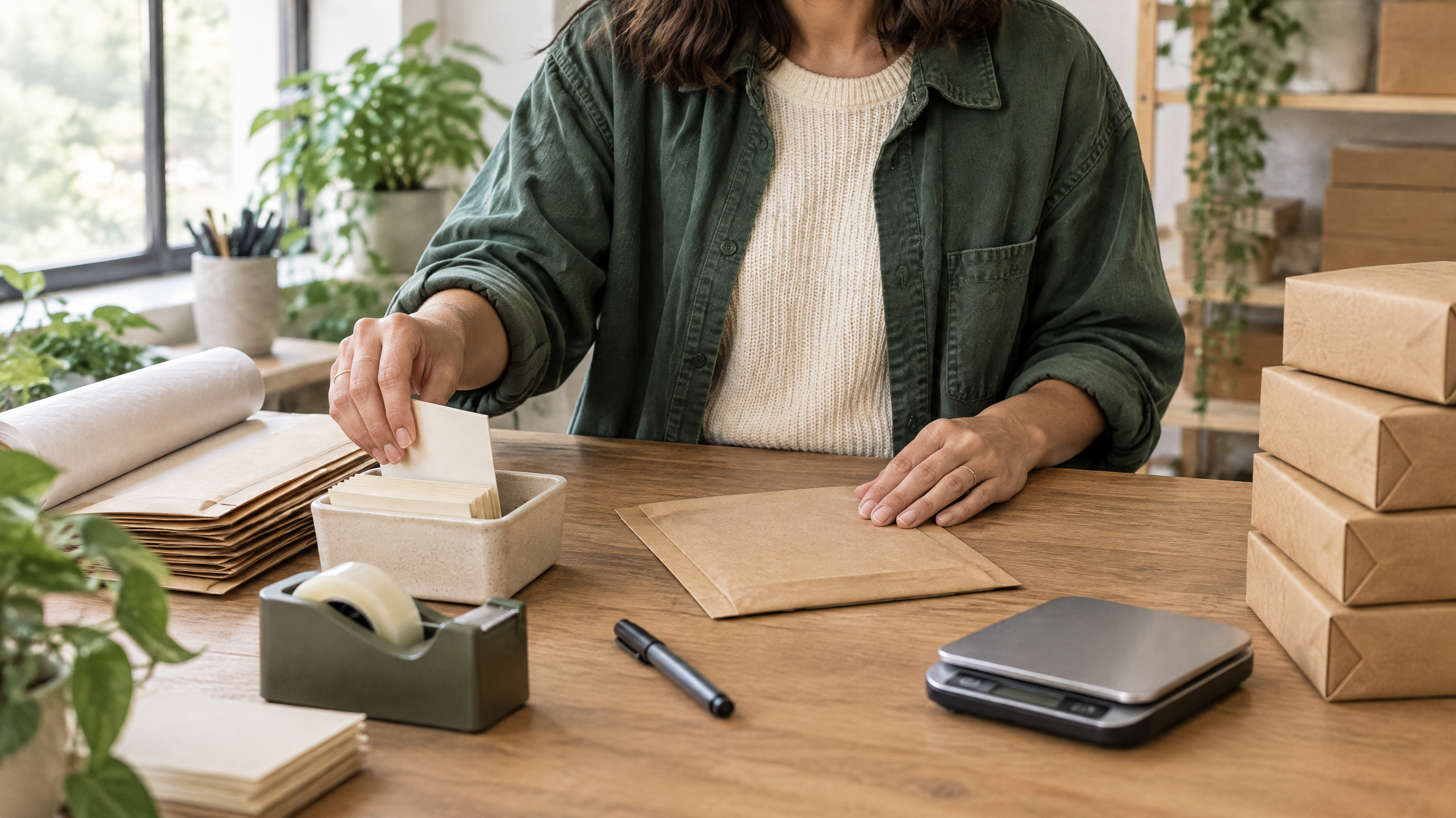 Wendy Schmidt’s hands resetting a small packing station with kraft mailers, tissue paper, a marker, a tape dispenser, a compact scale and a stack of finished unbranded parcels.