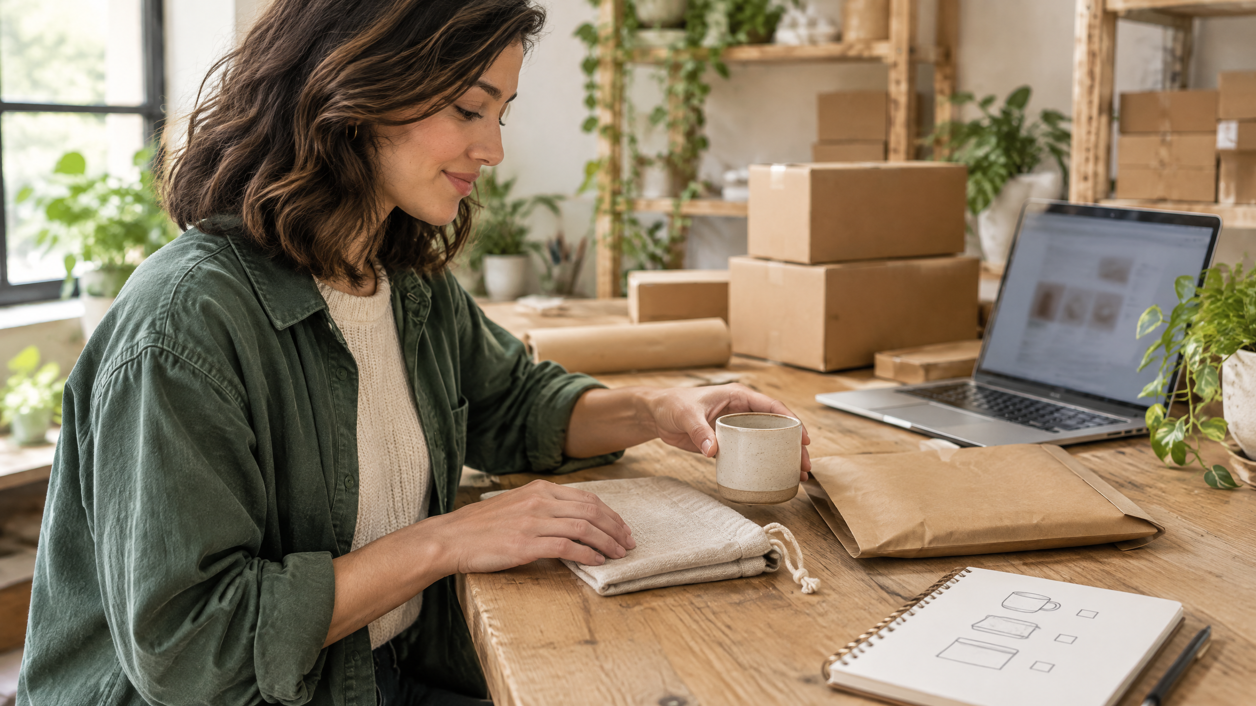 Wendy Schmidt arranging an unbranded ceramic cup, folded linen pouch and kraft mailer beside a notebook in a warm small product studio.