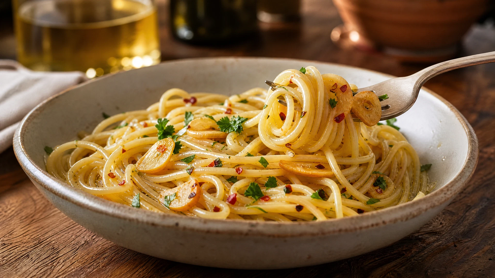 A close-up of finished spaghetti aglio e olio with thin golden garlic slices, parsley and chilli flakes in a handmade bowl on a walnut table.