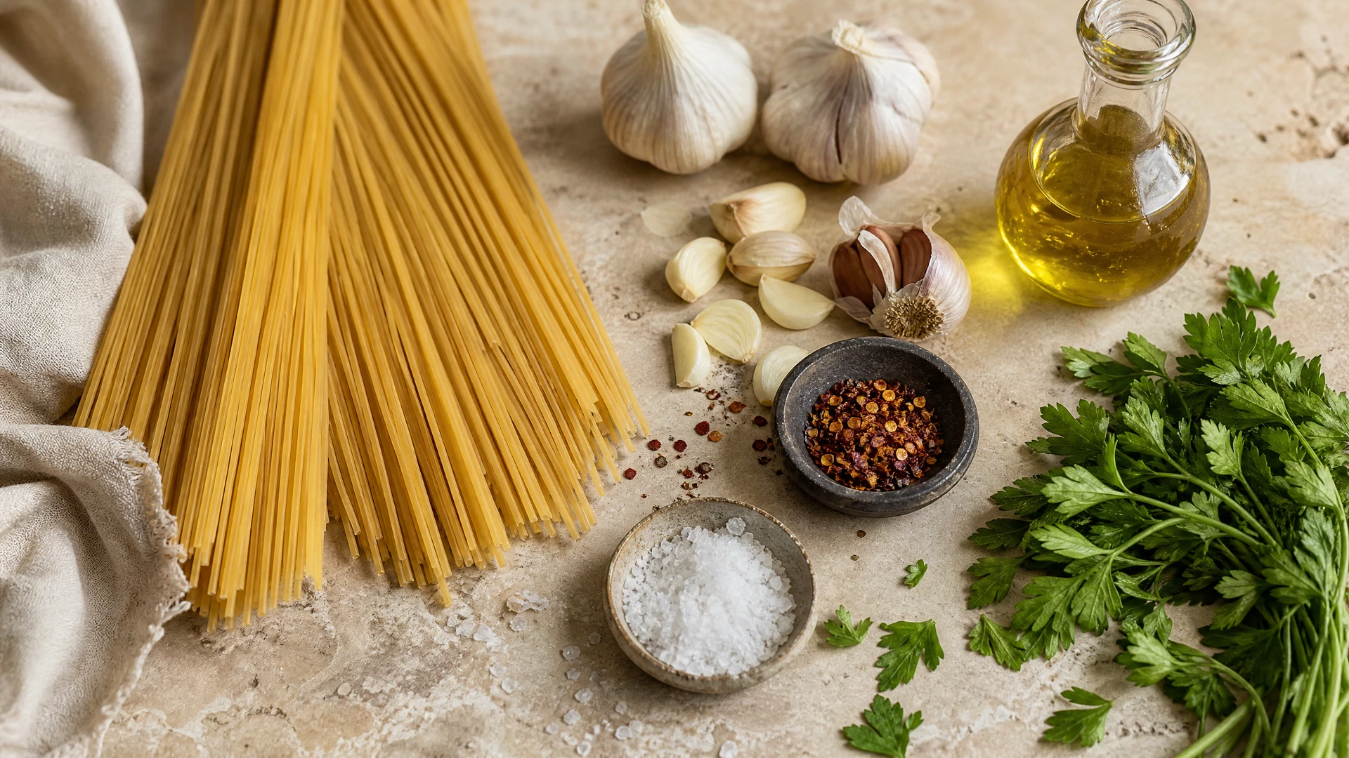 A high-end ingredient still life with dry spaghetti, garlic, extra-virgin olive oil, parsley and chilli flakes on pale travertine.