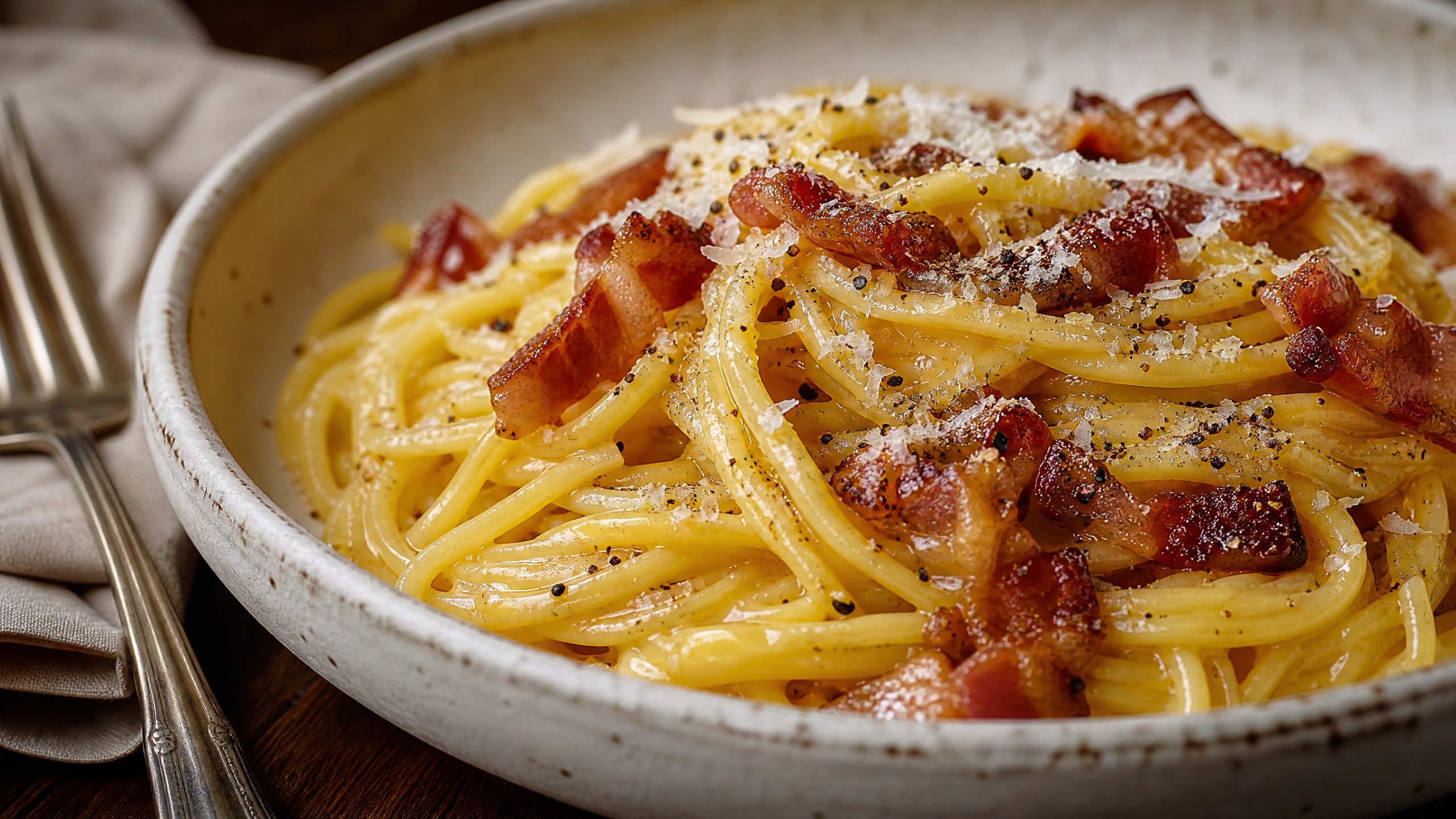 A close-up of glossy spaghetti carbonara with crisp guanciale, Pecorino shavings, and cracked black pepper in a handmade ceramic bowl on a walnut table.