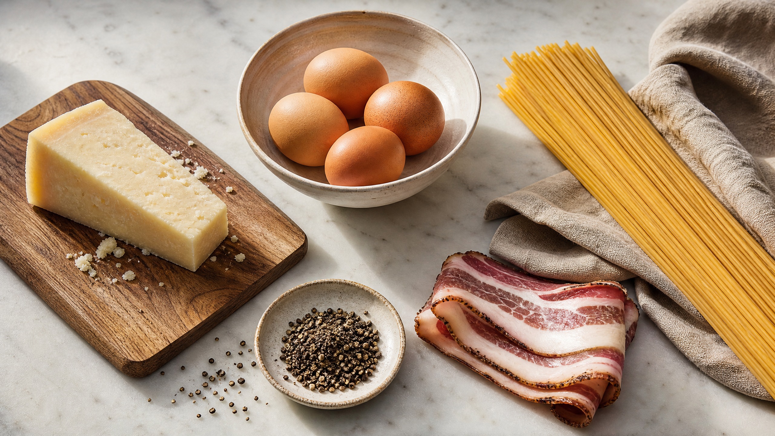 A high-end ingredient still life showing eggs, Pecorino Romano, guanciale, black pepper, and dry spaghetti arranged on a pale marble counter.