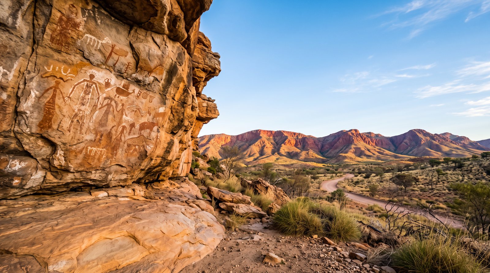 Cover image for Ancient Aboriginal rock art meets vibrant desert ranges in this sacred outback landscape