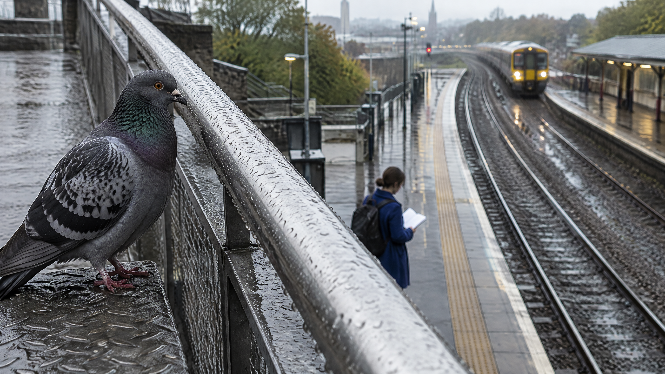 A pigeon perched beside a wet steel station railing watches curving tracks while a commuter with a notebook stands below and a train approaches in the distance.