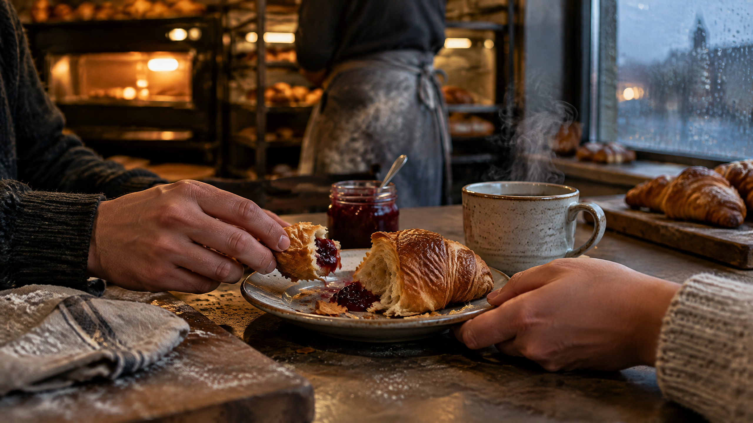 Two people share a croissant and coffee at a warm bakery counter before dawn, with oven light glowing behind them.