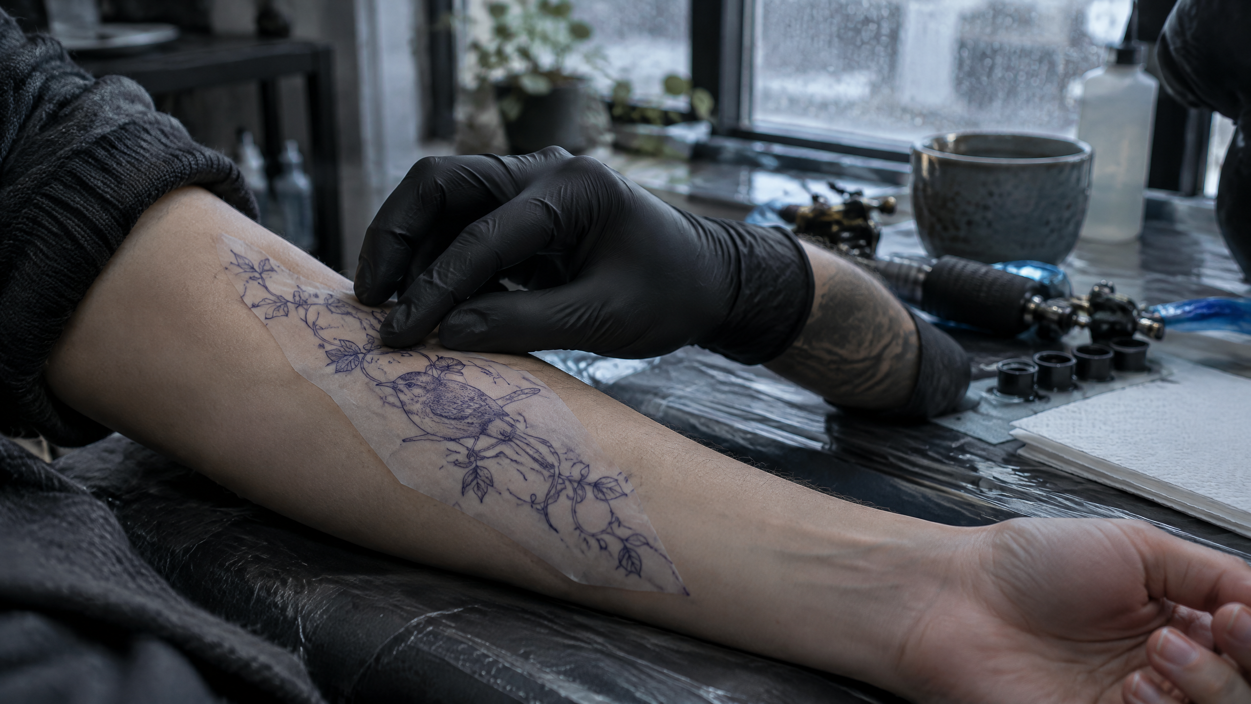 A tattoo artist’s gloved hand positions a small bird-and-vine stencil on a client’s inner forearm beside a quiet worktable.