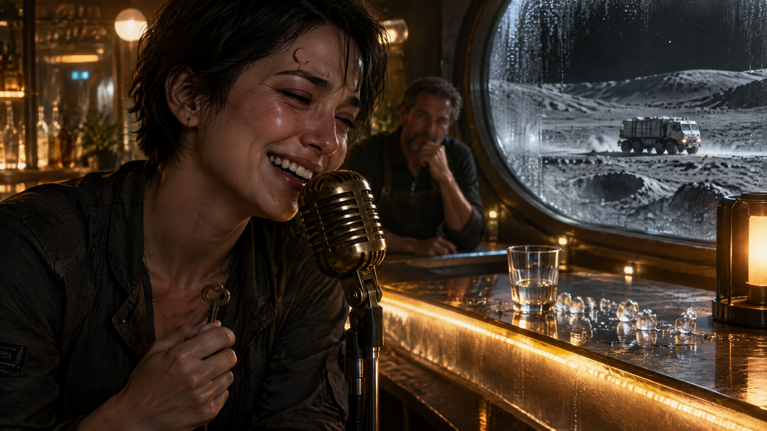 A woman at a microphone in a warmly lit lunar bar holds an old key while a bartender watches from behind the counter, with a crater visible through a porthole.