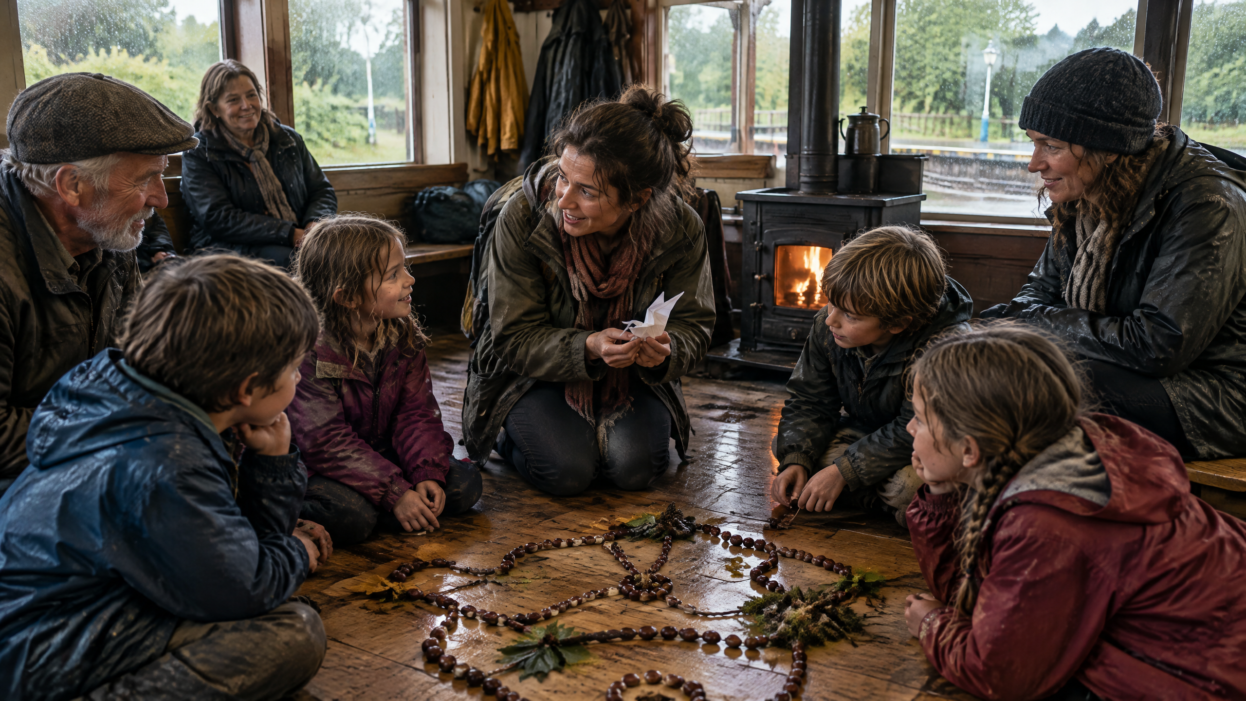 A solo traveller joins villagers and children around a chestnut route map on the floor of a warm rural station waiting room after rain.