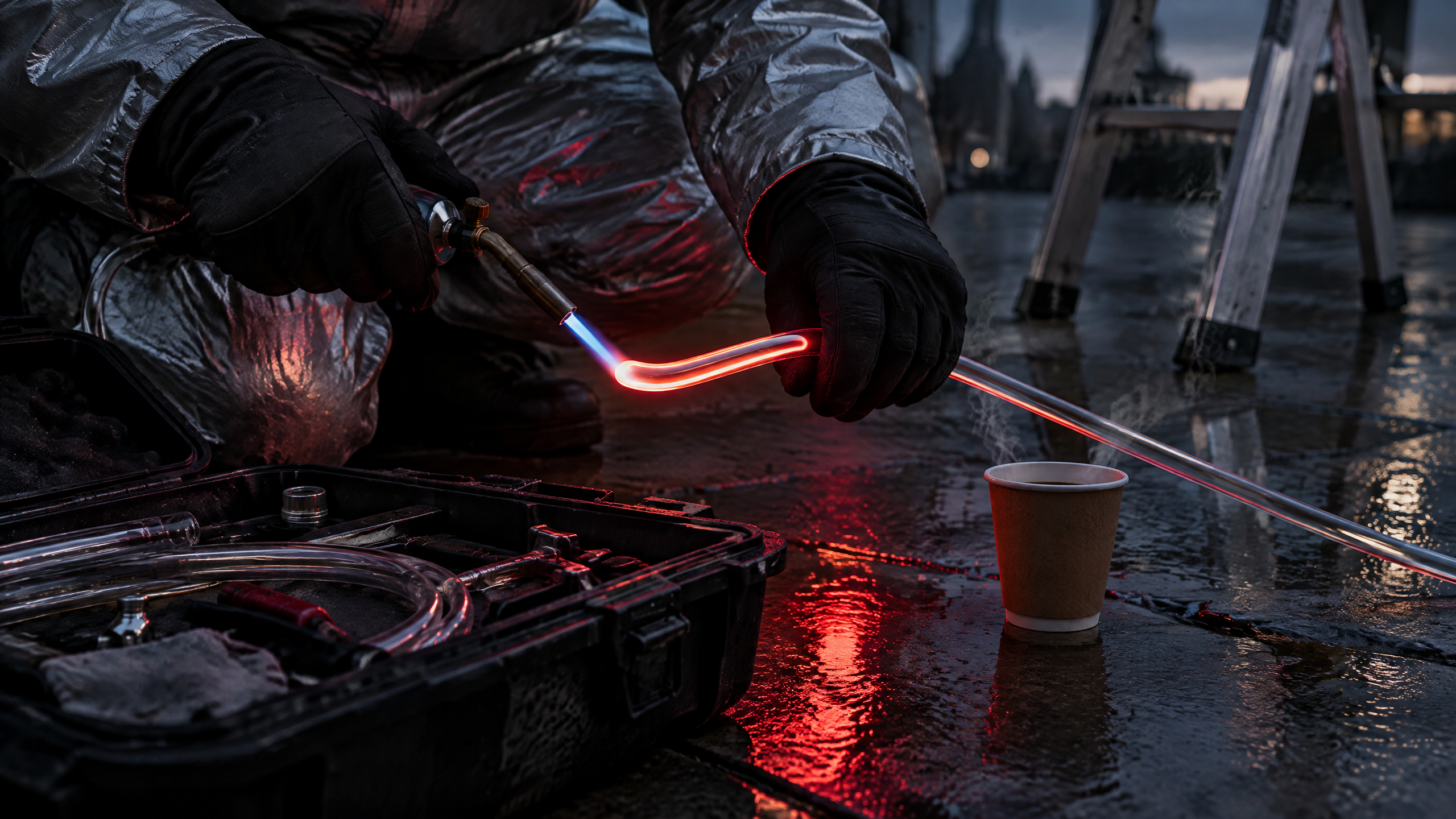 A neon technician shapes a curved glass tube over a small flame beside tools and a steaming espresso on wet pavement at night.