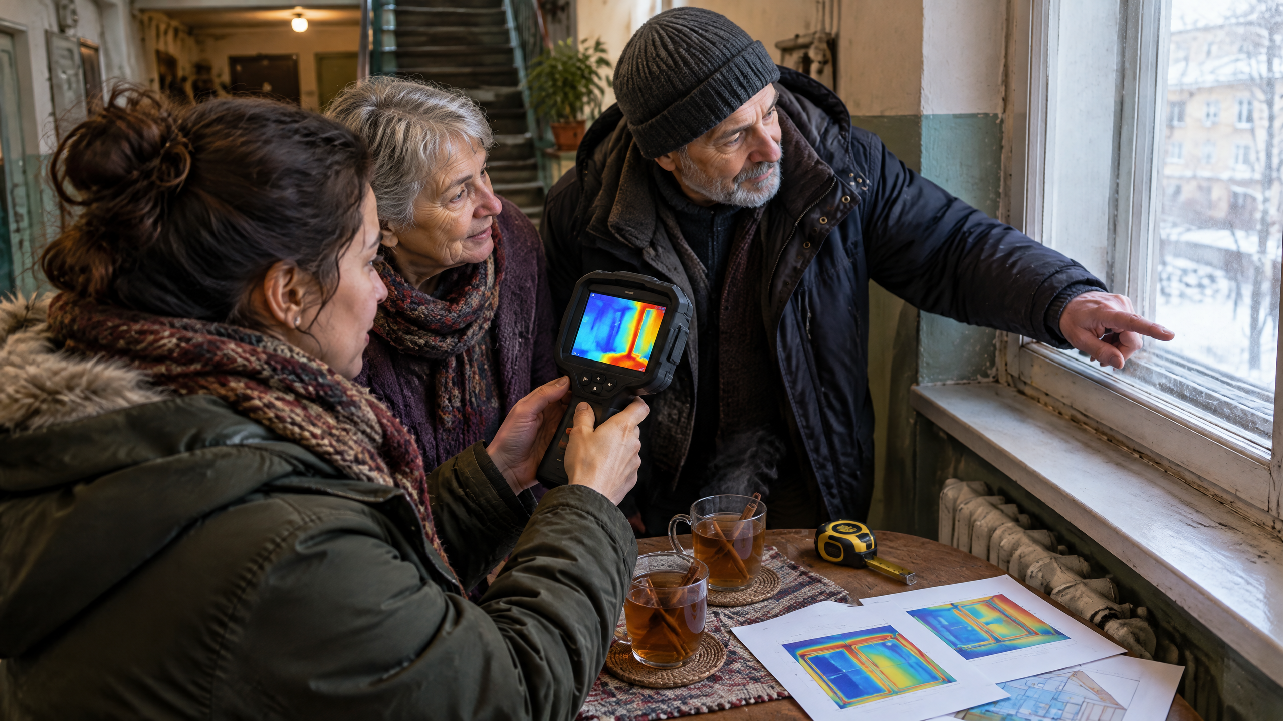 Three neighbours in an apartment hallway examine an unbranded thermal camera near a window, with tea and repair tools on a small table.