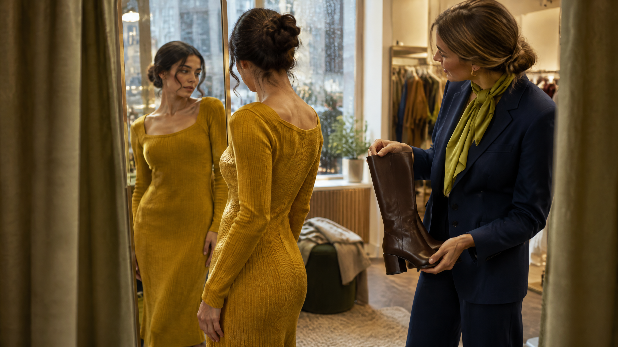 A woman in a marigold dress looks at herself in a fitting-room mirror while another woman offers a brown boot from outside the curtain.