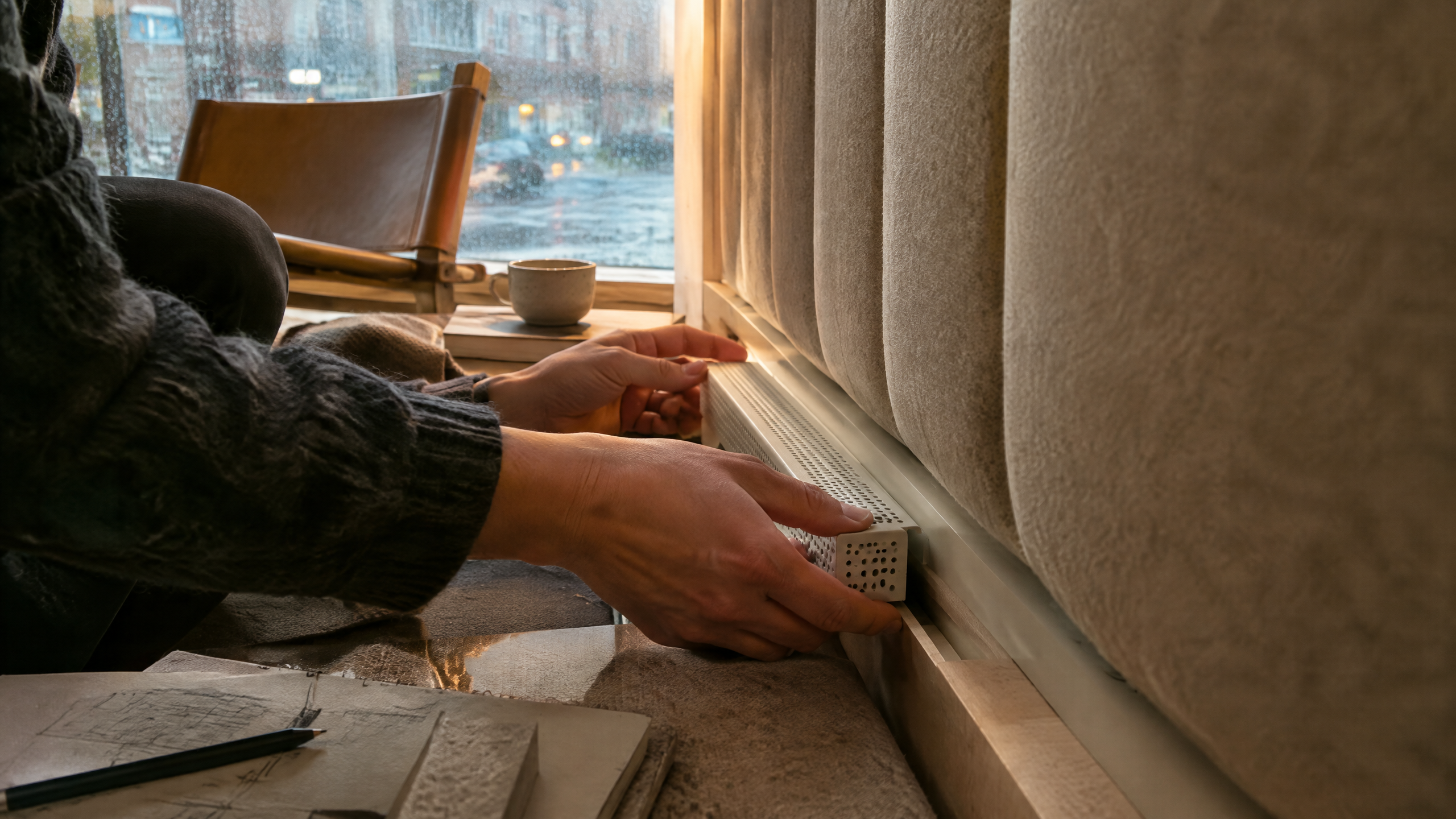 Hands adjust a perforated plaster air channel beside a wool acoustic wall in a softly lit prototype room.
