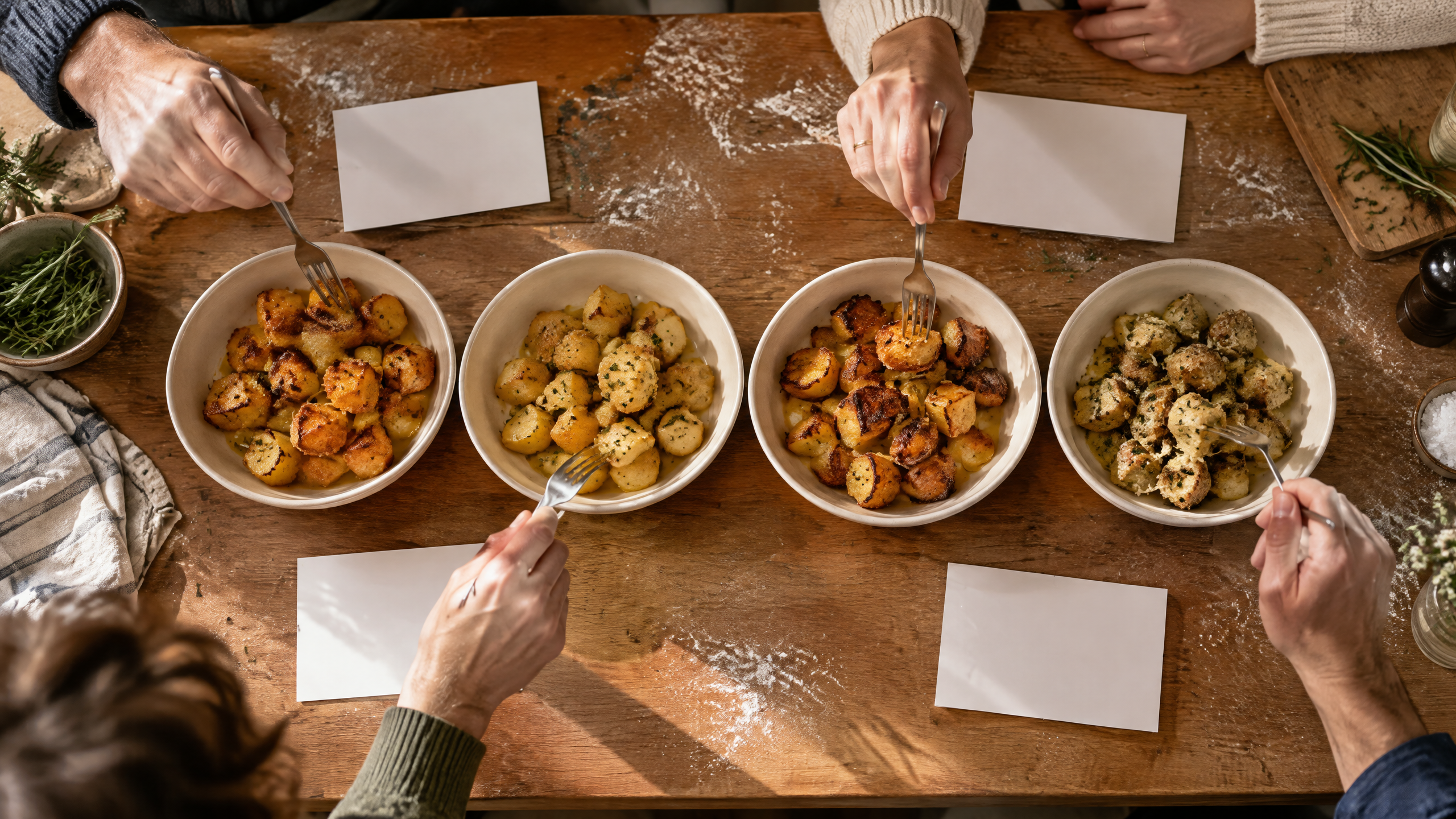 Four unmarked bowls of roast potatoes on a wooden table as family members reach in with forks during a blind taste test.