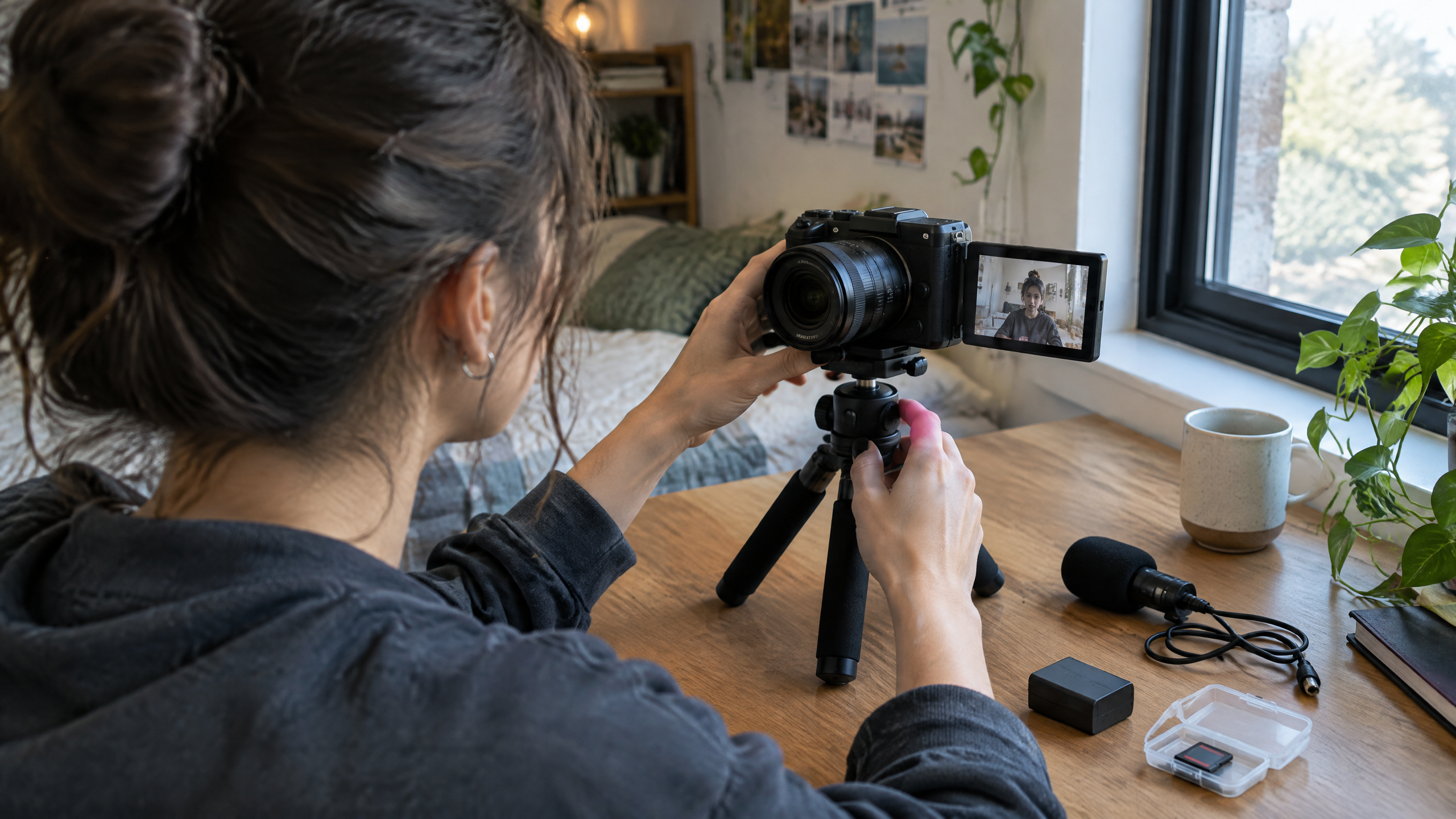 A fictional young creator arranging an unbranded compact mirrorless vlogging camera with a flipped screen on a small desk tripod near a bright window, beside a plain wired microphone and spare battery.