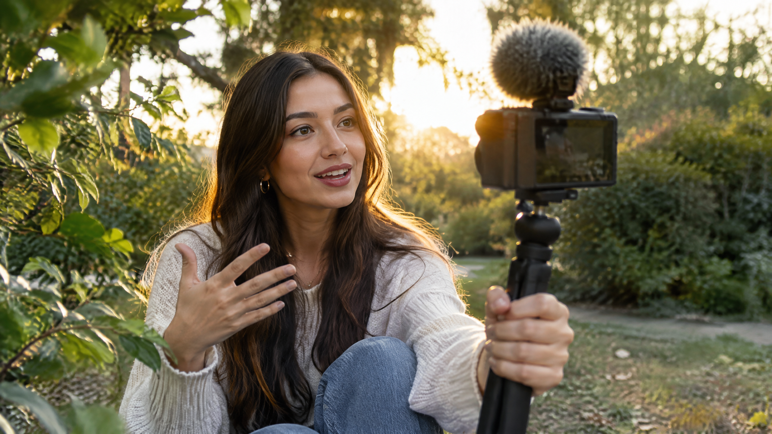 A fictional Gen Z creator filming a talking-to-camera vlog in a leafy park at golden hour using an unbranded compact mirrorless camera on a small handheld tripod with a tiny windscreen-covered microphone.
